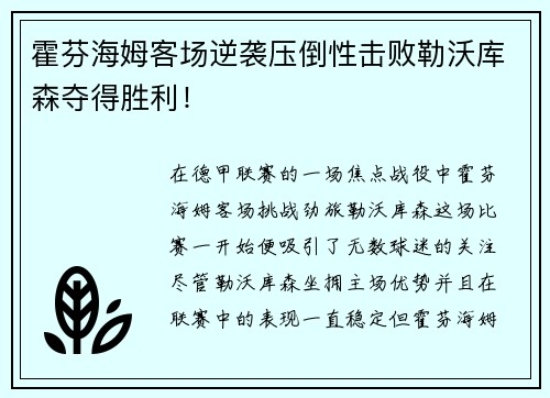 霍芬海姆客场逆袭压倒性击败勒沃库森夺得胜利！